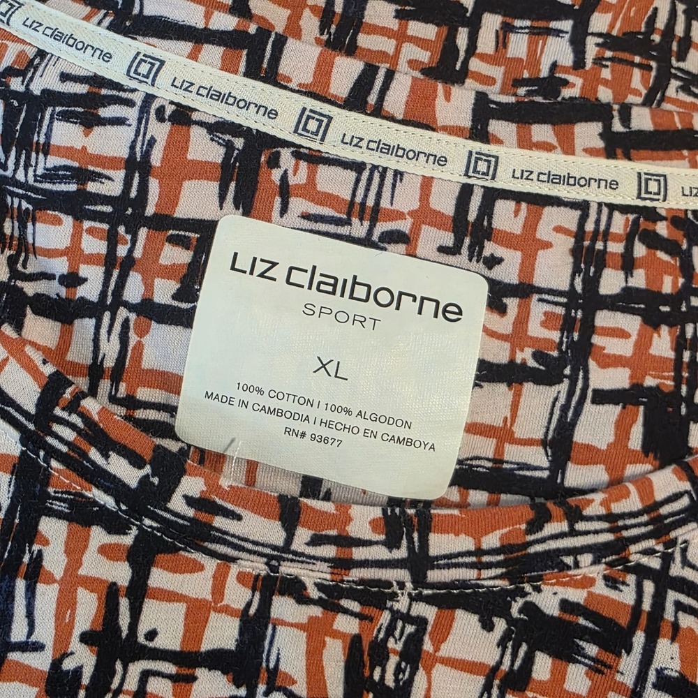 Liz Claiborne Sport Womens XL Orange Black Coral Abstract Grid Cotton Tee Top - Picture 2 of 6